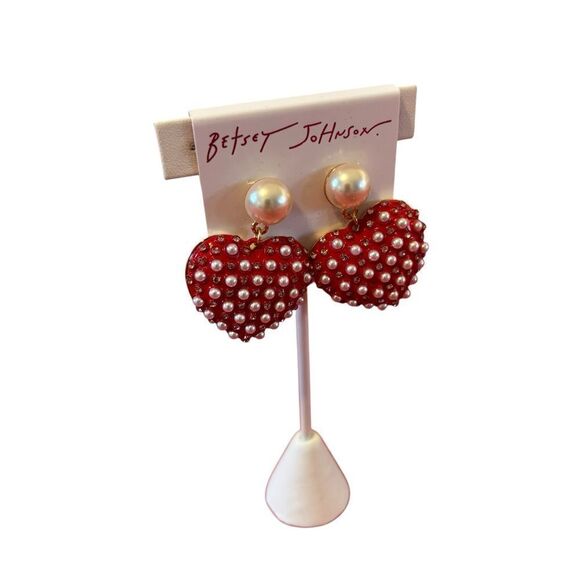 Betsey Johnson Red Enamel & Faux Pearl Heart Dangle Drop Earrings. - Picture 2 of 7